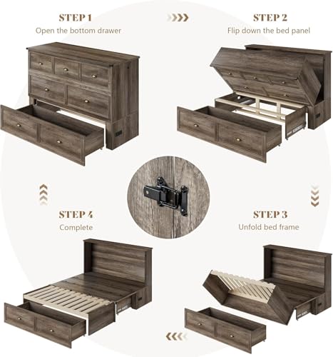 AMERLIFE Queen Size Murphy Bed, Farmhouse Wooden Cabinet with Charging Station and Storage Drawer for Bedroom/Office/Guest Room, Grey Oak AMERLIFE