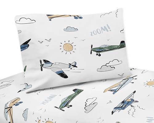 Sweet Jojo Designs Vintage Airplane Boy Twin Sheets Set Single Size Bed Flat Fitted Sheet Pillow Case Kids Childrens Teenager Bedding 3pc Grey Green Blue White Yellow Airplanes Transportation Clouds Sweet Jojo Designs