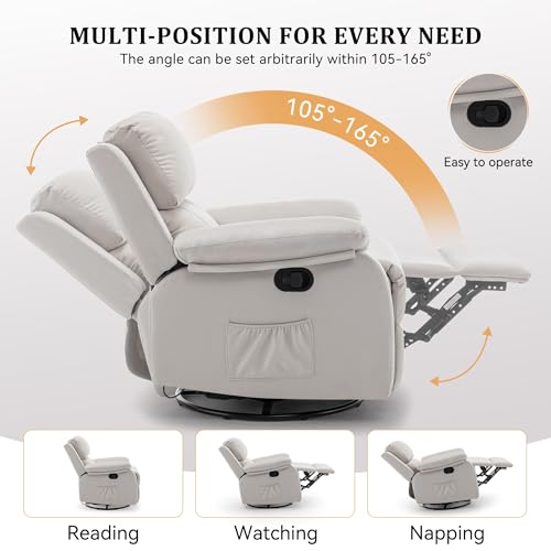 Korser Recliner Chair, 360 Swivel Rocker Chair for Adults, Small Rocking Recliner for Small Spaces, Upholstered Fabric Glider Recliner Nursery (Swivel Rocker Recliner, Off White)