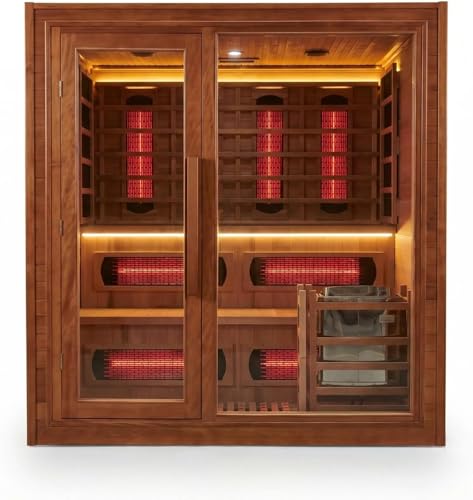 ZONEMEL Indoor Luxury Sauna – Dual Dry & Wet System, Canadian Red Cedar, Infrared Carbon Heating, 4-5 Person, 220V, 6KW Harvia Stove, 10 Heaters, WiFi Control, LED Ambient Lights, 71″W × 59″D × 74.8″H ZONEMEL