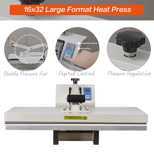 WUMSTOT Heat Press Machine 16x32: Large Format 2600W 110V Manual Clamshell Heat Transfer Press for T-Shirts Vinyl Sublimation DTF Printing Commercial Digital WUMSTOT