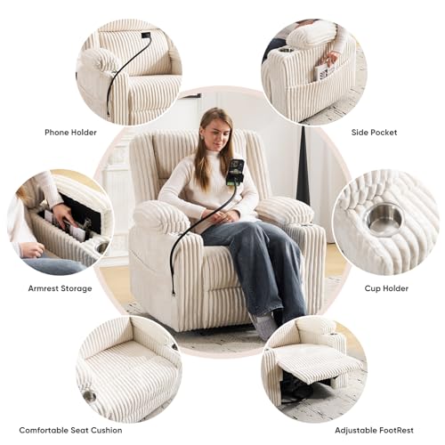 Oversized Power Recliner Chair with Massage and Heat, Swivel Rocker Recliner Chair for Adults with Arm Storage, Nursery Glider Recliner with Adjustable Headrest and Phone Stand, Side Pockets, Beige