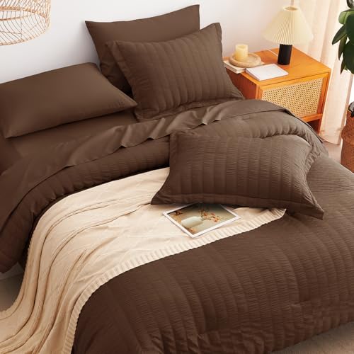 CozyLux Full Size Comforter Sets with Sheets 7 Pieces, Brown Seersucker Bed in a Bag Textured Luxury Soft Bedding Set with Down Alternative Comforter, Sheets, Pillowcases & Shams for All Seasons