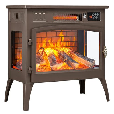 24″ Freestanding Electric Fireplace Stove with 3D Flame Effect and 6 Flame Color, 1000/1500W Infrared Fireplace Stove, 5200 BTU Electric Fireplace Heater with Remote and Timer for Indoor, Brown