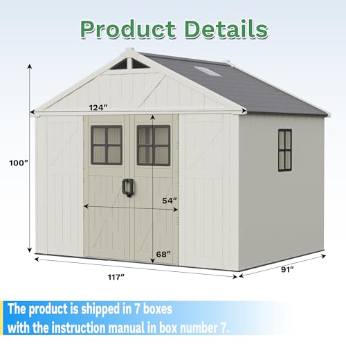 Greesum 10×8 FT Plastic Outdoor Storage Shed with Floor and Lockable Door, Resin Sheds with Windows and Skylights, Weather Resistant Organization for Garden, Lawn, Pool Supplies, Beige Greesum