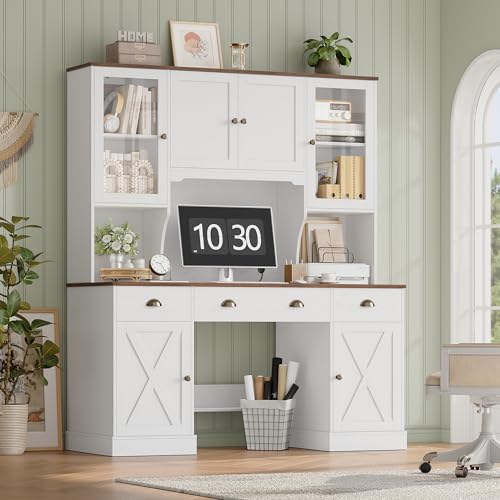 Keyluv 75" Executive Desk with Hutch and Drawers, Computer Desk with Glass Door and Storage Cabinet, 63" W Large Farmhouse Workstation for Home Office Study Writing Gaming Table, White Keyluv