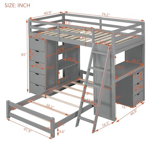 Merax Twin Multifunction Bunk Bed with Desk/Storage Drawers, Wood Bunk Bed with LED Light and USB Ports for Boys, Girls, No Box Spring Needed Gray Merax
