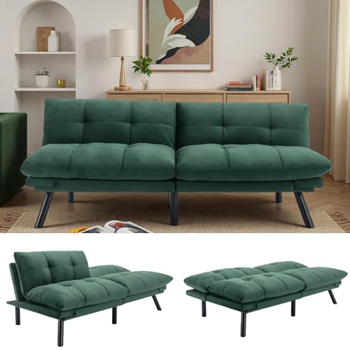 JvFun 71-inch Microfiber Upholstered Futon Sofa Bed - 2 Seats, Adjustable Arms/Back, Iron Legs | Convertible to Sleeper for Main Living Spaces, Bedrooms, Offices (Emerald +2Seat) JvFun
