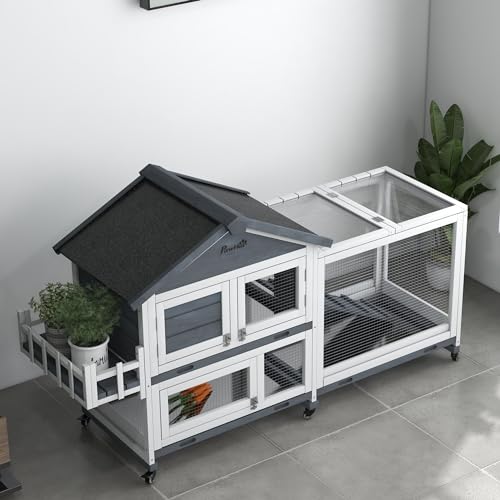 PawHut 65" Wooden Rabbit Hutch, Guinea Pig Hutch, Pet Playpen with Openable Roof, Bunny House Enclosure with Wheels, Storage Box, Slide-Out Tray, Ramp for Small Animals, Gray PawHut