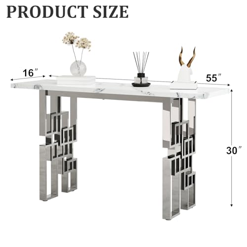 AUZ 55" White and Silver Console Table, Luxury Living Room Sofa Table, Modern Rectangle Console Table for Entryway, Living Room, Office, Foyer, Front Hall, Hallway AUZ
