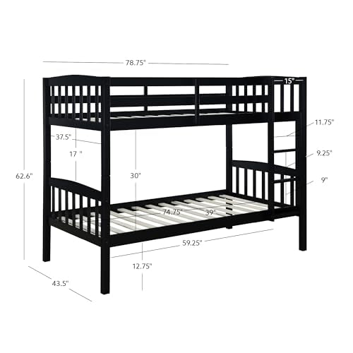 Linon Howell Black Solid Wooden Twin Over Twin Bunk Bed with Ladder Linon