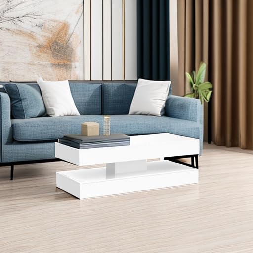 Uspeedy 47.3IN High Glossy LED Coffee Table,APP LED Lights,Black/White, Modern Furniture for Living Room (White) Uspeedy