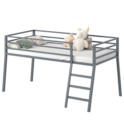 Lutown-Teen Low Metal Twin XL Loft Bed with Ladder and Guardrail for Kids or Teens, Space Saving XL Twin Loft Bed for Small Bedroom, Grey Lutown-Teen