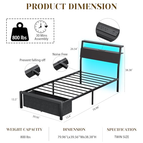Woanke Twin Bed Frame with Headboard, Small Bed Frame with Drawers & Storage, Twin Bed Frames for Kids/Teenagers, Bed Frame Twin with LED Lights/Charging Station, Noise-Free/Assembly Easily, Black Oak Woanke