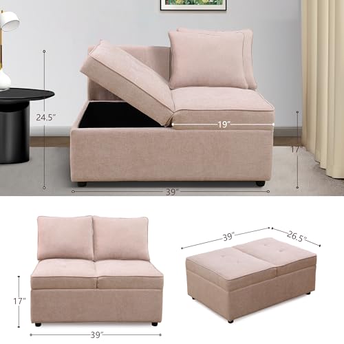 UOCFYK Convertible Ottoman Sofa with Storage, Modern Sackcloth Futon Couch with 2 Pillows Adjustable Backrest, Recliner Folding Loveseat for Living Room, Apartment Dorm, Office,Pink UOCFYK