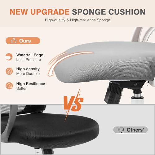 Sweetcrispy Home Office Desk Chair, Ergonomic High-Back Mesh Rolling Work Computer Chairs with Wheels and Adjustable Headrests, Comfortable Lumbar Support, Comfy Flip-up Arms for Bedroom, Study, Grey Sweetcrispy