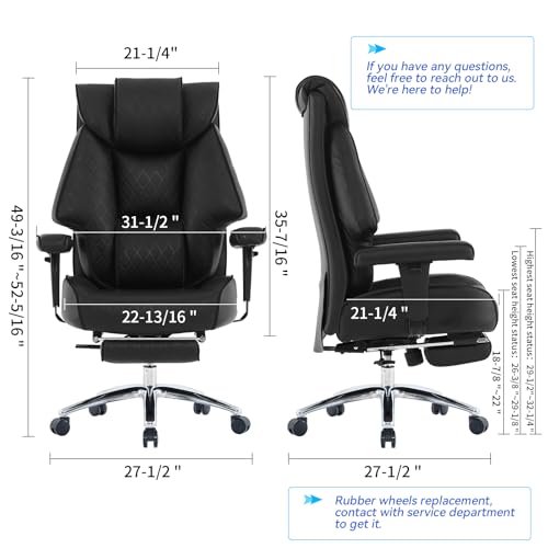 EXCEBET Big and Tall Office Chair with Footrest, PU Leather High Back Executive Office Chair 400lbs, Ergonomic Computer Chairs Lumbar Support for Heavy People (All Black) EXCEBET