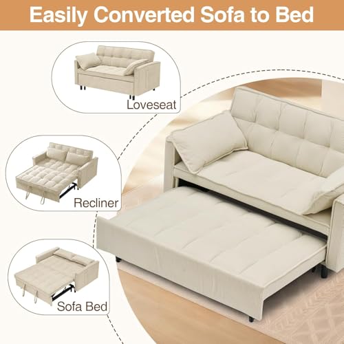 Anwick 3 in 1 Convertible Sofa Bed, Pull Out Couch Bed with Reclining Backrest and 2 Pillows, 54" Full Size Loveseat Sleeper Sofa Futon Couches Bed for Small Spaces, Living Room (Corduroy, Beige) Anwick