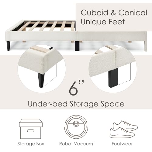 Vivienne Contemporary Boucle Fabric Queen Size Platform Bed Frame with Adjustable Curved Headboard and Solid Wood Legs - White Furniture of America