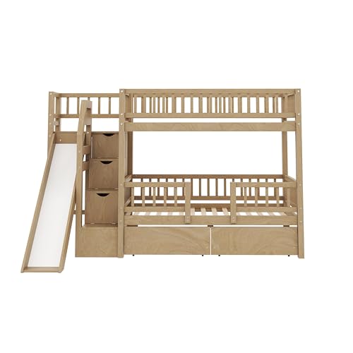 RUNNA Twin Over Twin Bunk Bed with Slide, Storage Drawers & Staircase, Solid Pine Wood Frame, No Box Spring Needed, Kids Bedroom Space-Saving Furniture (01-Walnut) RUNNA