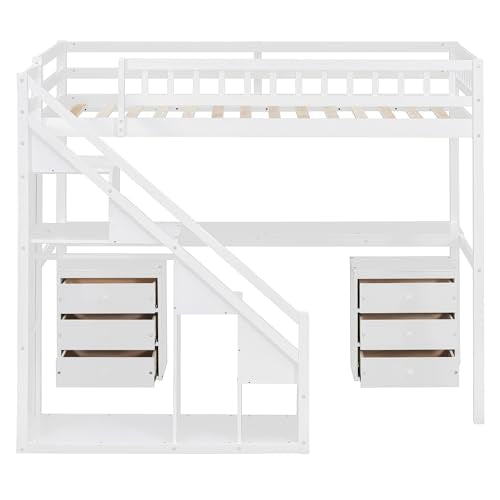 Merax Twin Size Wood Loft Bed with Desk, Stairs & Storage, Space Saving Bed with Lights, 2 Drawers, Guardrails, 220LBS Capacity, White Merax