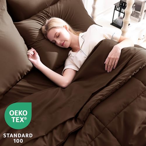CozyLux Full Size Comforter Sets Brown, 7 Pieces Bed in a Bag, Brown Comforter Full Size, All Season Bedding Sets with Stitch Quilted Comforter, Flat Sheet, Fitted Sheet, Pillowcases