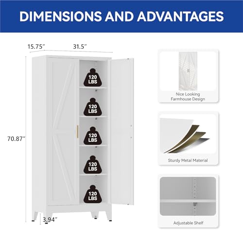 COFaR 71 in Tall Kitchen Pantry Cabinet, Metal Pantry Storage Cabinet with 4 Adjustable Shelves and 2 Barn Doors, White Freestanding Farmhouse Food Cupboard for Dining Room Living Room COFaR