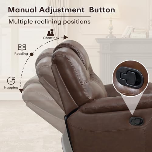 ANJ Genuine Leather Recliner Chair, Manual Reclining Chair with Ergonomic Design, Oversized Single Sofa Recliner with Soft Armrest and Flexible Footrest for Living Room,Red Brown