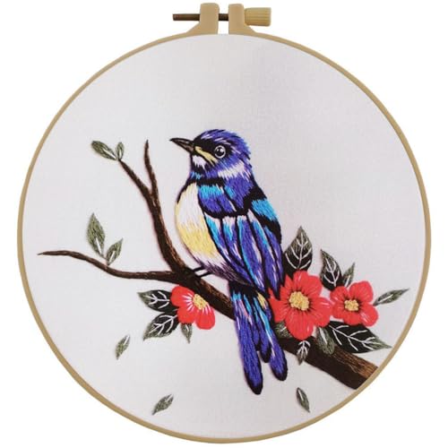 Esffaci Embroidery Starter Kit for Adult Beginners - Blue Bird Flowers Pattern with Cloth Hoop, Needle, Threader, Floss and Instructions