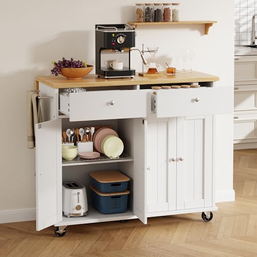 Shintenchi Kitchen Island with Drop Leaf, Rolling Kitchen Cart with Storage on Wheels, Table Bar Cart for Kitchen with Towel Rack & Seating Area for Dining Room, White Shintenchi