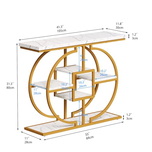 GiftGo Narrow Console Table for Entryway Industrial 4-Tier Sofa Table Behind Couch with Circle Base Rustic Wooden Accent Tables with Storage Shelves for Living Room, Hallway, Foyer (Gold and White) GiftGo