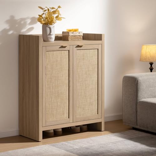 SICOTAS Shoe Cabinet, 24 Pair Shoe Storage Organizer Cabinet, 41" Tall Rattan Shoe Cabinet with Doors and Shelves, 6-Tier Farmhouse Boho Wooden Storage Cabinet for Entryway Hallway Closet, Light Oak SICOTAS