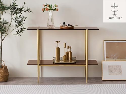 LumFurn Glass Console Table for Living Room, Foyer & Entrance, 2-Tiers Mid-Century Modern Sofa Table with Amber Glass Top, Walnut Finish Wood Shelf and Gold Finish Frame LumFurn