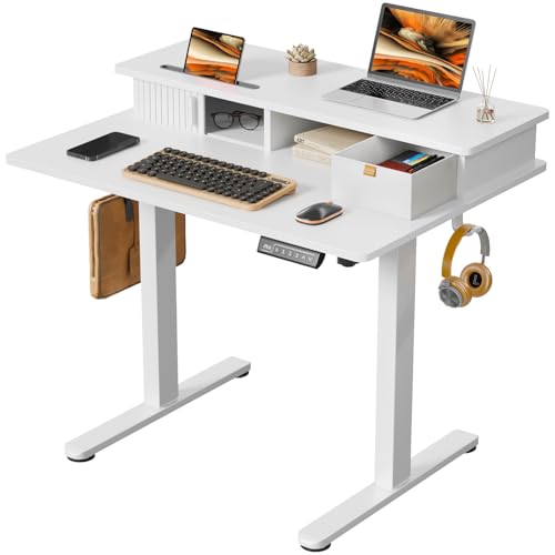 JOY worker Small Electric Standing Desk, 35" x 25" Height Adjustable Desk with Built-in Monitor Stand & Storage Drawer, White Sit Stand Table with 2 Hooks for Home Office JOY worker