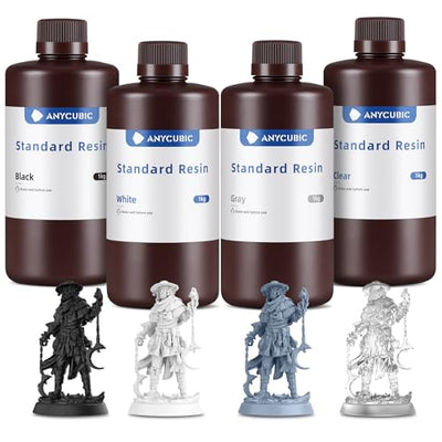 ANYCUBIC 3D Printer Resin Bundle, 405nm SLA UV-Curing Resin with High Precision and Quick Curing & Excellent Fluidity for LCD 3D Printing (Grey+Clear+White+Black,1kg per Bottle, 4kg in Total)