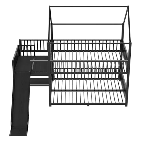 Bellemave Metal Bunk beds Full Over Full with Slide and Storage Stairs, House Floor bunk Bed with guardrail for Kids,Black Bellemave