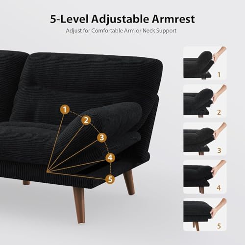 Pipishell Futon Sofa Bed, 66 Inch Corduroy Futon Couch Convertible with Adjustable Backrest and Armrests, Recliner Sleeper Sofa for Small Spaces, Living Room, Office, Guest Room (Black, 66 Inch) Pipishell