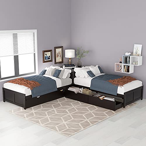 Harper & Bright Designs L-Shaped Platform Bed Frame with Trundle and Drawers Linked with Built-in Desk for Kids Boys Girls, Twin, Espresso Harper & Bright Designs