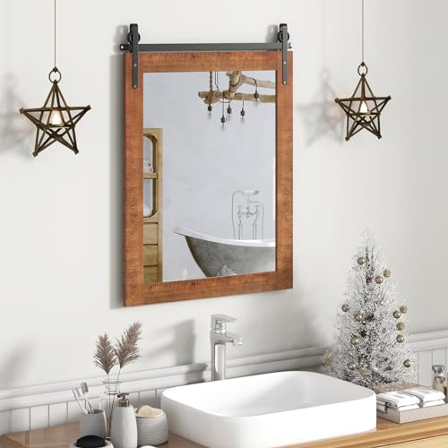 Tangkula Farmhouse Wall Mirror, Rustic Bathroom Mirror with Wood Frame and Metal Bracket, Wall Mounted Barn Door Mirror for Living Room Bathroom, 22 x 30 Inch Tangkula
