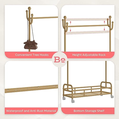 Bestier Kids Dress Up Rack, Adjustable Rack Height for Kids Clothes Rack, Bottom Storage Shelf with Wheels, Metal Dress Up Rack for Kids, Toddler, Children, Girls, Boys, Gold Bestier