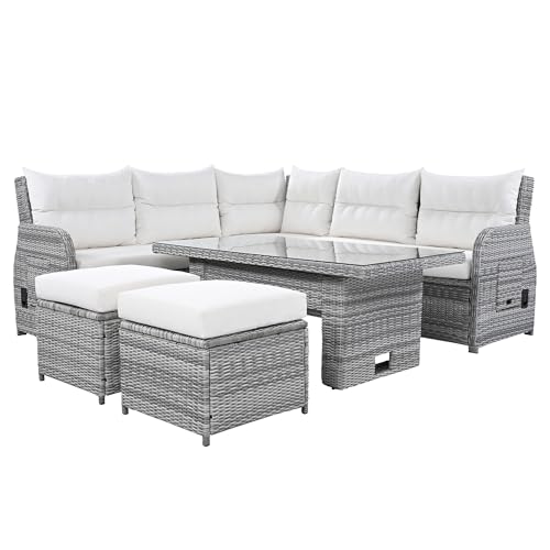 YOPTO 8-Piece Outdoor Furniture Couch Set,Rattan Patio Conversation Sectional Sofa Set with Adjustable Table,Recliners W/Extendable Side Tables & 2 Movable Ottomans,for Patio,Lawn,Backyard,Pool,Beige YOPTO