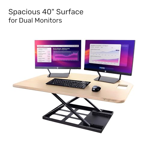 X-Elite Pro 40" Corner Standing Desk Converter with Pneumatic Lift | Adjustable Sit to Stand Riser, L-Shaped Desks & Cubicles | Fully Assembled Computer Workstation (American Maple) Stand Steady