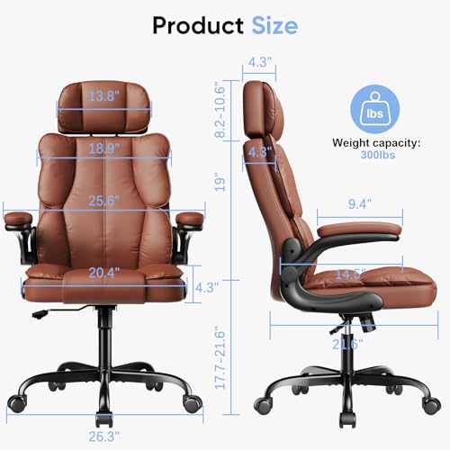 Kensaker Executive Leather Office Chair, Computer Chair with Thick Cushion & Lumbar Support, Ergonomic Desk Chair with Adjustable Headrest & Armrests,Brown Kensaker