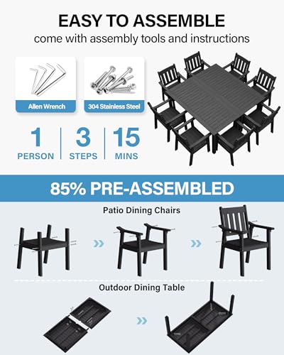 YEFU HIPS Patio Table Set: 10 Piece Outdoor Table and Chairs Dining Furniture Set with Umbrella Hole - Black Modern Plastic Dining Sets 8 Person for Outside Deck with Metal Aluminum Frame YEFU