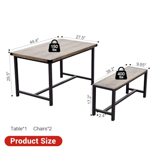 Garvee Dining Table Set for 4, Kitchen Table with Benches, 3 Piece Rectangular Dining Room Set with 2 Wooden Benches for Small Space, Apartment, Studio, Home, Rustic Gray Garvee
