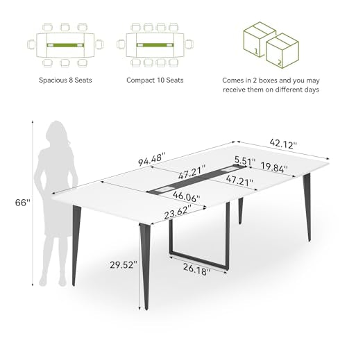 LITTLE TREE 8FT Conference Room Table, 94.48L x 47.21W x 29.52H Boat Shaped Meeting Table, White&Black LITTLE TREE