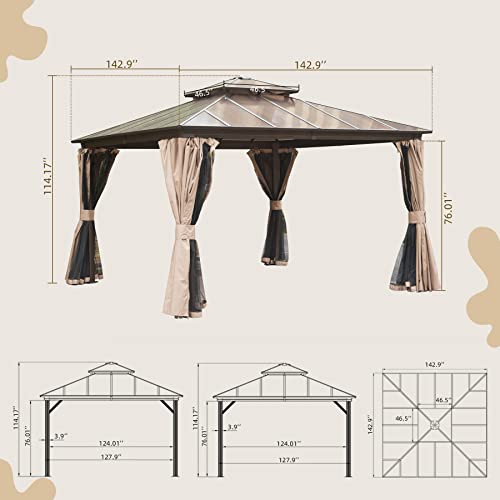 Domi 12' X 12' Hardtop Gazebo, Permanent Outdoor Gazebo with Polycarbonate Double Roof, Aluminum Gazebo Pavilion with Curtain and Net for Garden, Patio, Lawns, Deck, Backyard domi outdoor living