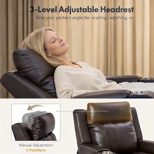 FLEXISPOT Truffle Genuine Leather Power Recliner w/ 1.2" Wall-Hugger Clearance, Electric Zero-Wall RV Recliner w/Adjustable Headrest, Massage & Heat, Home Theater Sofa, FSC-Certified, Chocolate