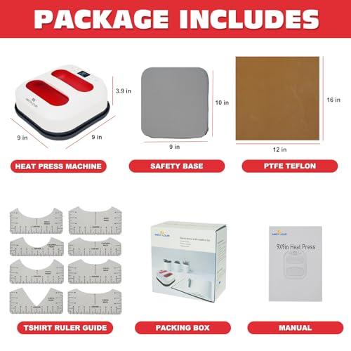 MECOLOUR Heat Press Machine for T Shirts, Portable Heat Press 9"X9" With Heat Press Mat, PTFE Teflon and 8 Pcs Tshirt Ruler Guide, Tshirt Press Machine for Sublimation, HTV, Heat Transfer Projects Red MECOLOUR