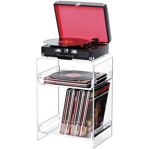 Acrylic Record Player Table with Storage Shelf, Clear Side Table Nightstand (Clear, Medium) Acrylicolor
